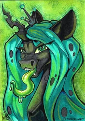 Size: 3456x4912 | Tagged: safe, artist:stirren, derpibooru import, queen chrysalis, changeling, changeling queen, bust, crown, female, image, jewelry, long hair, long mane, png, portrait, regalia, scan, tongue out, traditional art