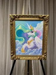 Size: 1536x2048 | Tagged: safe, artist:dandy, derpibooru import, princess celestia, alicorn, pony, acrylic painting, cloud, crown, eyeshadow, female, framed picture, hair over one eye, horn, image, jewelry, jpeg, looking at you, makeup, mare, mare fair, mare gallery, painting, photo, raised hoof, regalia, sky, smiling, snowpity inc., traditional art, wings