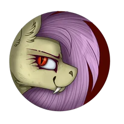 Size: 2300x2300 | Tagged: safe, artist:molars, derpibooru import, fluttershy, bat pony, g4, badge, bat eyes, bat ponified, button, fangs, flutterbat, image, png, race swap, red background, red eyes, simple background, solo