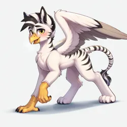 Size: 1024x1024 | Tagged: safe, ai content, derpibooru import, machine learning generated, prompter:pzkratzer, stable diffusion, oc, unofficial characters only, gryphon, zebra, blushing, hybrid oc, image, male, png, raised leg, simple background, solo, solo male, spread wings, white background, wings