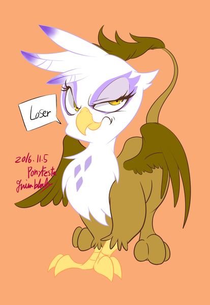 Size: 1458x2116 | Tagged: safe, artist:grimbloody, derpibooru import, gilda, gryphon, g4, annoyed, female, image, loser, orange background, png, simple background, solo, speech bubble, talking to viewer