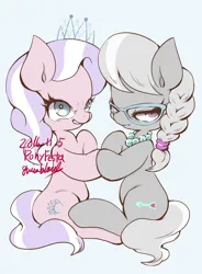 Size: 1450x1969 | Tagged: safe, artist:grimbloody, derpibooru import, diamond tiara, silver spoon, earth pony, pony, g4, duo, duo female, female, filly, foal, image, jewelry, looking at you, necklace, png, simple background, tiara, touching hooves