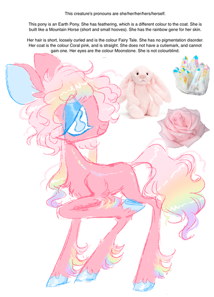 Size: 1016x1407 | Tagged: safe, artist:peaceandlove26, artist:twinklewish, derpibooru import, oc, oc:rosey posey, unofficial characters only, earth pony, pony, 2021, bangs, big ears, big eyes, big head, blank flank, blue eyes, blue eyeshadow, blue hooves, chest fluff, colored fetlocks, colored hooves, colored pinnae, colored sketch, crystal, ear fluff, earth pony oc, eyeshadow, female, female oc, flower, gradient mane, gradient tail, hooves, image, long legs, long mane, long tail, makeup, mare, mare oc, multicolored hair, multicolored mane, no catchlights, oc generator, old art, open mouth, open smile, pink coat, pink mane, pink tail, plushie, png, profile, rainbow hair, rainbow skin, rainbow tail, raised hoof, rose, shiny hooves, sidebangs, simple background, sketch, smiling, solo, standing on three hooves, tail, text, thin legs, underhoof, wavy mane, wavy tail, white background