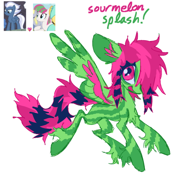 Size: 1500x1500 | Tagged: safe, artist:peaceandlove26, artist:twinklewish, derpibooru import, blossomforth, derpy hooves, double diamond, night glider, party favor, sunshower raindrops, oc, oc:sourmelon splash, unofficial characters only, pegasus, pony, g4, 2021, big ears, big eyes, blank flank, chest fluff, coat markings, colored ear fluff, colored pinnae, coontails, crack ship offspring, crack shipping, eye clipping through hair, eye markings, facial markings, green coat, image, leg stripes, long mane, long tail, looking back, magical lesbian spawn, offspring, old art, parent:blossomforth, parent:night glider, pegasus oc, pink eyes, pink mane, pink tail, png, profile, scene, scene hair, screencap background, shipping, siling, simple background, socks (coat marking), solo, spread wings, striped, stripes, tail, thick eyelashes, three toned mane, three toned tail, three toned wings, transparent background, unshorn fetlocks, wing stripes, wings