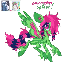 Size: 1500x1500 | Tagged: safe, artist:peaceandlove26, artist:twinklewish, derpibooru import, blossomforth, derpy hooves, double diamond, night glider, party favor, sunshower raindrops, oc, oc:sourmelon splash, unofficial characters only, pegasus, pony, g4, 2021, big ears, big eyes, blank flank, chest fluff, coat markings, colored ear fluff, colored pinnae, coontails, crack ship offspring, crack shipping, eye clipping through hair, eye markings, facial markings, green coat, image, leg stripes, long mane, long tail, looking back, magical lesbian spawn, offspring, old art, parent:blossomforth, parent:night glider, pegasus oc, pink eyes, pink mane, pink tail, png, profile, scene, scene hair, screencap background, shipping, siling, simple background, socks (coat marking), solo, spread wings, striped, stripes, tail, thick eyelashes, three toned mane, three toned tail, three toned wings, transparent background, unshorn fetlocks, wing stripes, wings