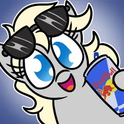 Size: 500x500 | Tagged: safe, artist:jargon scott, derpibooru import, oc, oc:vaporub, unofficial characters only, earth pony, pony, drink, energy drink, female, hi anon, image, mare, meme, png, redbull, solo, sunglasses