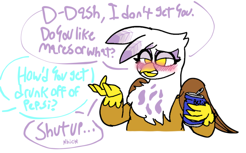 Size: 1032x642 | Tagged: safe, artist:feenadot, derpibooru import, gilda, gryphon, pegasus, pony, g4, alcohol, bepis, blush lines, blushing, cross-eyed, dialogue, drink, drunk, drunk gilda, female, females only, hiccup, image, implied lesbian, implied rainbow dash, looking at someone, looking offscreen, pepsi, png, soda, soda can, wings