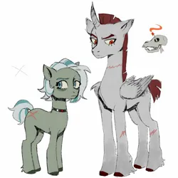 Size: 1600x1600 | Tagged: safe, artist:009oop1u, derpibooru import, oc, unofficial characters only, alicorn, earth pony, pony, alicorn oc, cloven hooves, collar, curved horn, duo, female, fetlock tuft, horn, image, jpeg, mare, scar, short mane, short tail, simple background, tail, white background, wings