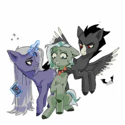 Size: 1600x1600 | Tagged: safe, artist:009oop1u, derpibooru import, oc, unofficial characters only, earth pony, pegasus, pony, unicorn, collar, facial markings, female, flying, horn, image, jpeg, magic, male, mare, mealy mouth (coat marking), remote control, simple background, sitting, spread wings, stallion, telekinesis, trio, white background, wings