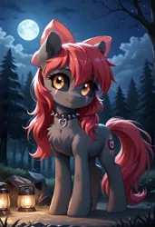 Size: 800x1169 | Tagged: safe, ai content, derpibooru import, machine learning generated, prompter:gregorymars, stable diffusion, apple bloom, earth pony, pony, undead, zombie, zombie pony, story of the blanks, g4, apple bloom's bow, black sclera, blanked apple bloom, bow, chest fluff, collar, eye scar, facial scar, female, forest, full moon, generator:pony diffusion v6 xl, hair bow, image, jpeg, lantern, mare, moon, nature, night, outdoors, scar, solo, spiked collar, tree