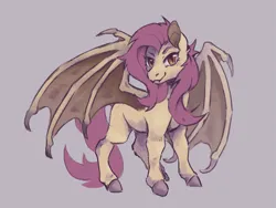 Size: 1761x1321 | Tagged: safe, artist:flaming-trash-can, derpibooru import, fluttershy, bat pony, pony, g4, bat ponified, fangs, female, flutterbat, gray background, image, lidded eyes, looking at you, mare, missing cutie mark, png, race swap, simple background, smiling, smiling at you, solo