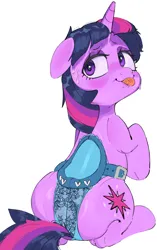 Size: 1196x1900 | Tagged: suggestive, artist:maremagnet, derpibooru import, twilight sparkle, unicorn, g4, blushing, floppy ears, image, lace, looking back, png, saddle, simple background, solo, tack, tongue out, unicorn twilight, white background