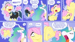 Size: 1600x900 | Tagged: suggestive, artist:shyguy9, derpibooru import, part of a set, fluttershy, princess celestia, alicorn, pegasus, comic:you've got the wrong pony, blushing, clothes, comic, dialogue, image, imminent vore, kitchen eyes, levitation, magic, maid, open mouth, png, telekinesis