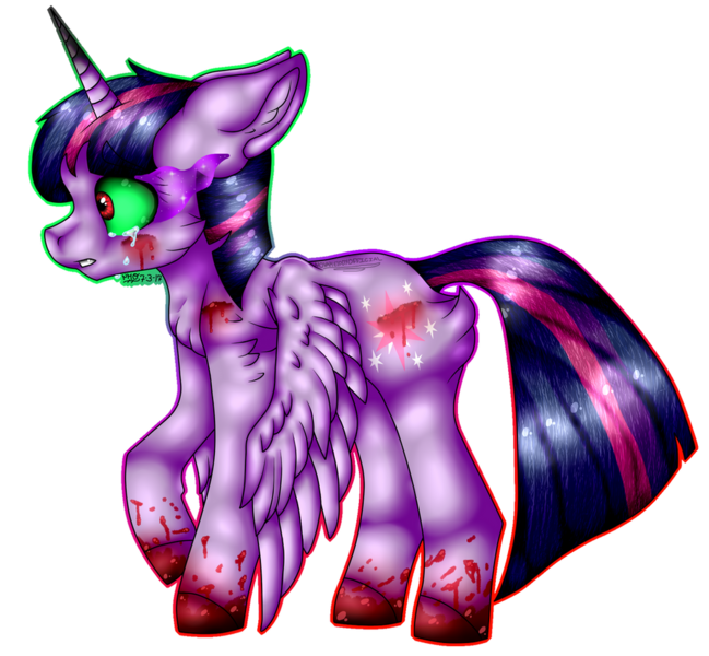 Size: 1024x946 | Tagged: semi-grimdark, artist:novadrawsart, artist:novamelodyofficial, derpibooru import, twilight sparkle, twilight sparkle (alicorn), alicorn, pony, blood, blood on legs, burned horn, cloven hooves, corrupted, corrupted twilight sparkle, dark magic, image, magic, picarto, png, scar, scared, simple background, solo, sombra eyes, transparent background