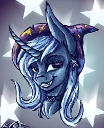 Size: 2600x3200 | Tagged: safe, artist:kvoi-6, derpibooru import, trixie, pony, unicorn, g4, bust, choker, female, grin, high res, horn, image, lidded eyes, mare, png, signature, smiling, solo, stars