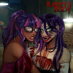 Size: 1800x1800 | Tagged: semi-grimdark, artist:slapearl, derpibooru import, rarity, twilight sparkle, human, blood, blood on face, dark skin, duo, duo female, eyeshadow, female, humanized, image, jpeg, lesbian, lips, makeup, open mouth, open smile, ship:rarilight, shipping, smiling