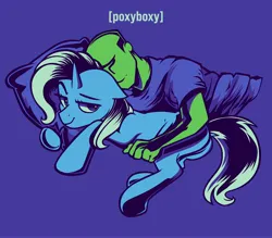 Size: 4096x3584 | Tagged: safe, artist:poxy_boxy, derpibooru import, trixie, oc, oc:anon, human, pony, unicorn, g4, duo, duo male and female, female, floppy ears, horn, hug, human male, image, jpeg, lidded eyes, limited palette, lying down, male, mare, purple background, side, simple background, smiling