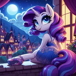 Size: 1024x1024 | Tagged: safe, ai content, derpibooru import, machine learning generated, rarity, pony, g4, balcony, brick wall, clothes, cloud, cute, drapes, dress, flag, flower, generator:dall-e 3, high heels, image, jpeg, looking up, moon, moonlight, night, ponyville, shoes, smiling, stars, tree, window