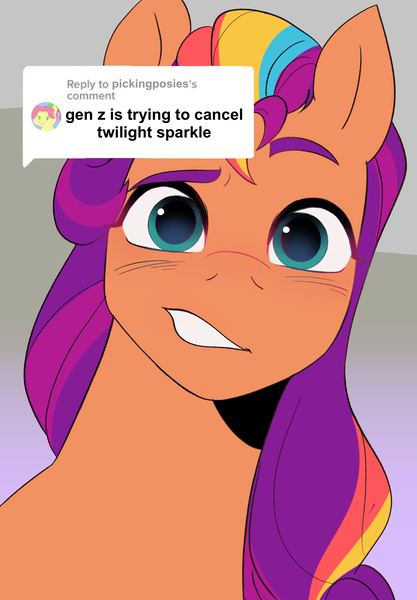 Size: 1786x2570 | Tagged: safe, artist:aztrial, derpibooru import, posey (g5), sunny starscout, earth pony, pony, g5, cancel culture, cliptrot, female, gritted teeth, image, implied twilight sparkle, mane stripe sunny, mare, meme, png, ponified meme, solo, teeth, tiktok, unitober 2024
