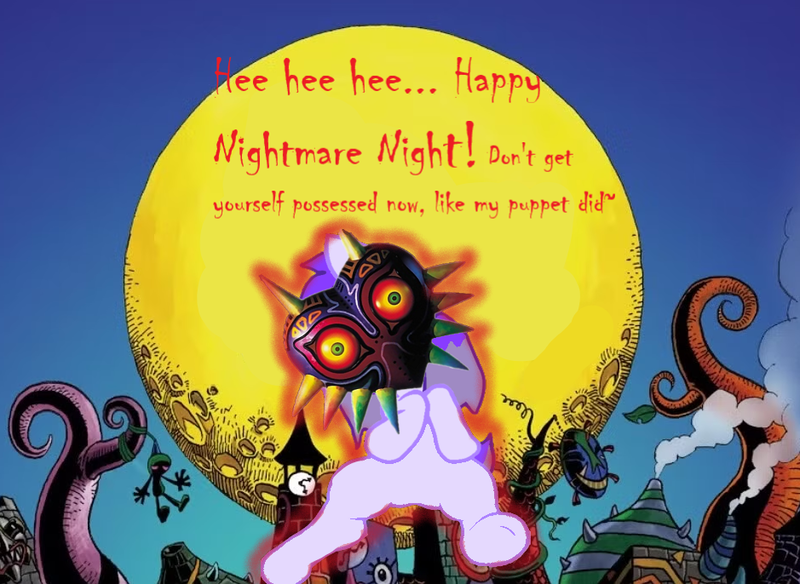 Size: 939x686 | Tagged: safe, artist:mellow91, derpibooru import, oc, oc:glass sight, unicorn, clock tower, female, floating, glow, halloween, head tilt, holiday, horn, image, majoras mask, mask, mlp fim's fourteenth anniversary, moon, nightmare night, png, possessed, solo, solo female, termina, text, the legend of zelda, the legend of zelda: majora's mask