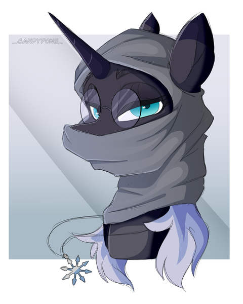 Size: 2000x2500 | Tagged: safe, artist:_candypone_, derpibooru import, oc, oc:penumbra shard, unofficial characters only, unicorn, amulet, balaclava, bust, chaos star, commissioner:sfaccountant, female, glasses, horn, image, jewelry, png, portrait, solo, solo female, unicorn oc