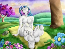 Size: 1280x960 | Tagged: suggestive, artist:robinthefox, derpibooru import, princess celestia, anthro, plantigrade anthro, barbie doll anatomy, cherry tree, complete nudity, feet, female, female focus, fetish, flower, foot fetish, horn, image, jpeg, looking at you, outdoors, sitting, solo, solo female, solo focus, tree