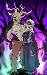 Size: 1241x2000 | Tagged: safe, artist:kennzeichen, derpibooru import, oc, anthro, unguligrade anthro, unicorn, wendigo, abs, anthro oc, antlers, axe, cainergreen, clothes, commission, costume, couple, dress, female, halloween, halloween 2024, halloween costume, hat, holiday, horn, husband and wife, image, interspecies, lizzie borden, looking at you, male, male nipples, married, married couple, mask, milf, muscles, muscular male, nightmare night, nightmare night 2024, nightmare night costume, nipples, nudity, oc x oc, png, shipping, smiling, straight, tree, weapon