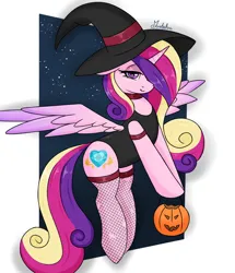 Size: 1460x1698 | Tagged: safe, artist:marbatra, derpibooru import, princess cadance, alicorn, choker, clothes, fishnet clothing, fishnets, hat, horn, image, looking at you, png, pumpkin bucket, socks, stockings, thigh highs, witch hat