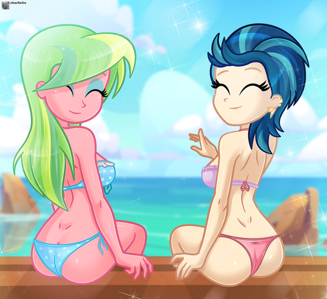 Size: 1343x1226 | Tagged: suggestive, artist:charliexe, ponerpics import, indigo zap, lemon zest, equestria girls, beach, bikini, blue bikini, breasts, butt, butt crack, clothes, cloud, ear piercing, earring, eyes closed, eyeshadow, female, image, jewelry, jpeg, makeup, outdoors, piercing, pink bikini top, red bikini bottom, side-tie bikini, signature, sitting, sky, smiling, solo, solo female, sparkles, swimsuit, water, waving