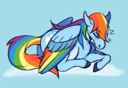 Size: 1240x854 | Tagged: safe, artist:lildarkvixen, derpibooru import, rainbow dash, pegasus, pony, g4, cloud, eyes closed, female, folded wings, hooves, image, lying down, lying on a cloud, mare, nap, on a cloud, onomatopoeia, outdoors, png, prone, rainbow feathers, sky, sleeping, solo, sound effects, tail, wings, zzz