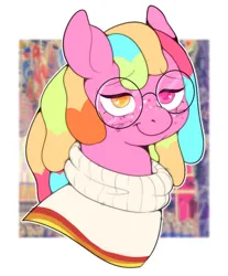 Size: 776x938 | Tagged: safe, artist:lildarkvixen, derpibooru import, oc, oc:sugar rush, unofficial characters only, earth pony, pony, blush scribble, blushing, bust, clothes, freckles, glasses, heart, heart eyes, image, male, passepartout, png, ponysona, ponytober, smiling, solo, stallion, sweater, wingding eyes