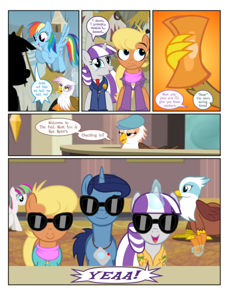 Size: 1600x2100 | Tagged: questionable, artist:flash equestria photography, derpibooru import, blossomforth, gilda, gimme moore, greta, ms. harshwhinny, night light, rainbow dash, twilight velvet, comic:yeaa, camera, derpibooru exclusive, golden ticket, hotel, image, png, pregnant, sunglasses, vacation