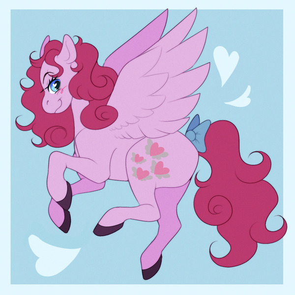 Size: 1500x1500 | Tagged: safe, artist:lildarkvixen, derpibooru import, heart throb, pegasus, pony, g1, blush scribble, blushing, bow, female, flying, heart, heart eyes, hooves, image, jpeg, mare, passepartout, smiling, solo, spread wings, tail, tail bow, wingding eyes, wings