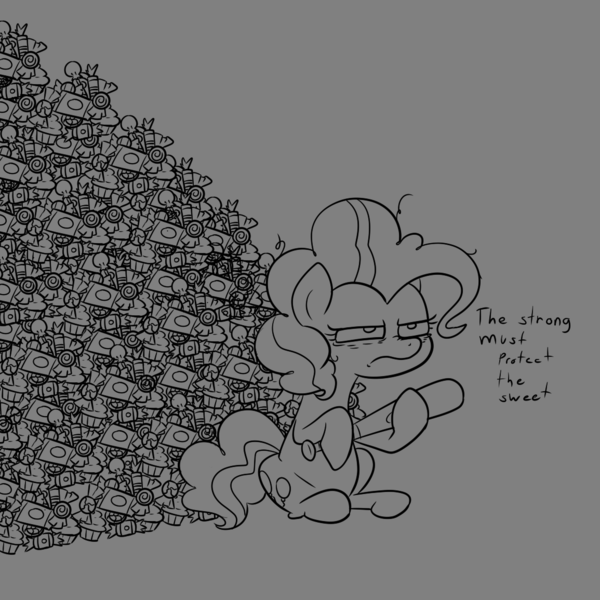 Size: 1155x1155 | Tagged: safe, artist:anonymous, derpibooru import, pinkie pie, earth pony, pony, g4, 4chan, baseball bat, candy, cupcake, doodle, drawthread, female, food, grayscale, guarding, handwriting, image, lineart, mare, monochrome, pile, png, requested art, simpsons did it, sitting, solo, tired eyes, unkempt mane