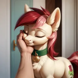 Size: 1024x1024 | Tagged: safe, ai content, anonymous prompter, derpibooru import, machine learning generated, roseluck, earth pony, human, pony, chest fluff, closed mouth, ear fluff, eyelashes, eyes closed, female, fluffy, hand, hand on head, human on pony petting, image, mare, offscreen character, pet collar, petting, png, pov, rosepet, smiling