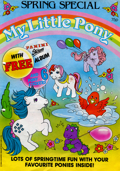 Size: 678x968 | Tagged: safe, derpibooru import, confetti (g1), duck soup, lickety-split, majesty, spike (g1), bird, dragon, duck, earth pony, pony, unicorn, g1, 1986, balloon, bow, comic cover, cover, cover art, female, flower, horn, image, jpeg, male, mare, mouth hold, my little pony logo, my little pony spring special 1986, official comic, partially submerged, pond, rearing, spread wings, tail, tail bow, water, wings