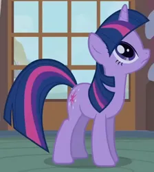 Size: 470x524 | Tagged: safe, derpibooru import, screencap, twilight sparkle, pony, unicorn, bridle gossip, g4, season 1, cute, female, horn, image, looking at someone, looking up, mare, offscreen character, png, solo, standing, sugarcube corner, twiabetes, unicorn twilight