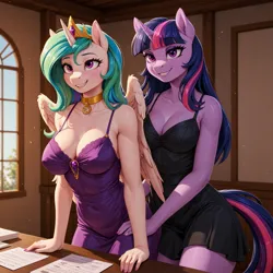 Size: 1248x1248 | Tagged: suggestive, ai content, derpibooru import, machine learning generated, prompter:ramaca, princess celestia, twilight sparkle, alicorn, pony, unicorn, g4, bad end, breasts, busty princess celestia, butt grab, butt touch, document, dominant, duo, duo female, female, femdom, femsub, grope, horn, image, implied fancy pants, jpeg, mind control, office, offscreen character, slave collar, slavery, sublestia, submissive, twidom