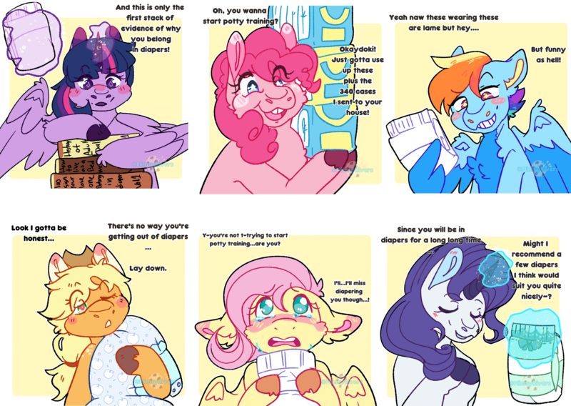 Size: 2279x1617 | Tagged: suggestive, artist:flimsyrivers, derpibooru import, applejack, fluttershy, pinkie pie, rainbow dash, rarity, twilight sparkle, twilight sparkle (alicorn), alicorn, earth pony, pegasus, pony, unicorn, six fanarts, blushing, bust, chest fluff, colored wings, crying, diaper, diaper fetish, diaper package, ear blush, eye clipping through hair, eyes closed, female, fetish, floppy ears, glow, glowing horn, hat, hoof hold, horn, image, looking at you, magic, magic aura, mane six, mare, one eye closed, open mouth, open smile, png, potty training, simple background, smiling, spread wings, talking to viewer, telekinesis, transparent background, two toned wings, unshorn fetlocks, wall of tags, wing hold, wings, yellow background