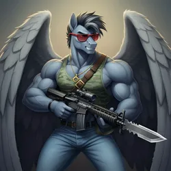 Size: 1024x1024 | Tagged: safe, ai content, derpibooru import, generator:google imagen 3.0, machine learning generated, prompter:zerowinger, quarterback, anthro, pegasus, bayonet, clothes, cosplay, costume, dreadnoks, g.i. joe, gradient background, gun, image, jpeg, male, rifle, ripper, solo, weapon