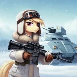 Size: 1024x1024 | Tagged: safe, ai content, derpibooru import, generator:google imagen 3.0, machine learning generated, prompter:zerowinger, march gustysnows, anthro, earth pony, afv, assault rifle, clothes, cosplay, costume, female, frostbite, gun, image, jpeg, military uniform, outdoors, rifle, smiling, snow, solo, uniform, weapon, winter outfit