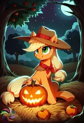 Size: 2496x3648 | Tagged: safe, ai content, derpibooru import, generator:civitai, machine learning generated, prompter:trux23, applejack, pony, g4, apple, apple tree, food, halloween, hat, hay bale, holiday, image, jack-o-lantern, jpeg, moon, night, outdoors, pumpkin, sitting, solo, stars, tree