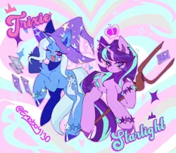 Size: 640x555 | Tagged: safe, artist:emoboy130, derpibooru import, starlight glimmer, trixie, pony, unicorn, bracelet, card, character name, clothes, cute, diatrixes, duo, duo female, ear piercing, female, glimmerbetes, hat, horn, image, jewelry, lesbian, mare, piercing, png, shipping, staff, staff of sameness, star bracelet, startrix, text, trixie's hat