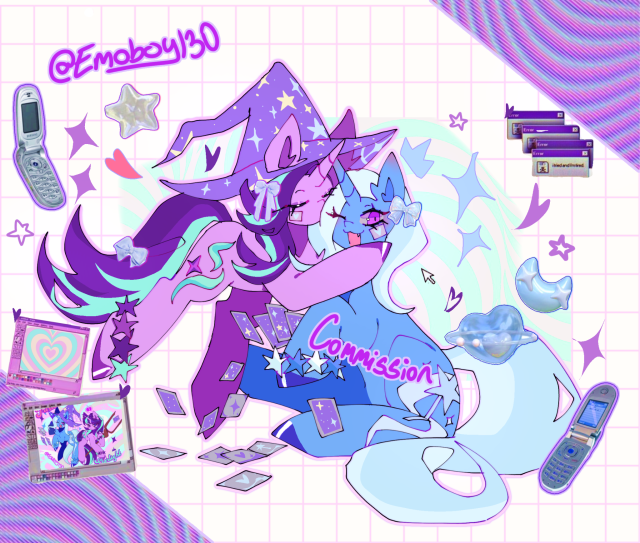 Size: 640x543 | Tagged: safe, artist:emoboy130, derpibooru import, starlight glimmer, trixie, pony, unicorn, blushing, bow, clothes, cute, cute little fangs, diatrixes, ear blush, fangs, female, flip phone, glimmerbetes, hair bow, hat, heart, hoof polish, horn, image, kiss on the cheek, kissing, lesbian, mare, nail polish, png, shipping, staff, staff of sameness, star bracelet, starlight wearing trixie's hat, stars, startrix, trixie's hat