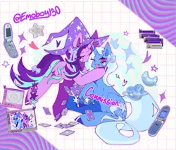 Size: 640x543 | Tagged: safe, artist:emoboy130, derpibooru import, starlight glimmer, trixie, pony, unicorn, blushing, bow, clothes, cute, cute little fangs, diatrixes, ear blush, fangs, female, flip phone, glimmerbetes, hair bow, hat, heart, hoof polish, horn, image, kiss on the cheek, kissing, lesbian, mare, nail polish, png, shipping, staff, staff of sameness, star bracelet, starlight wearing trixie's hat, stars, startrix, trixie's hat