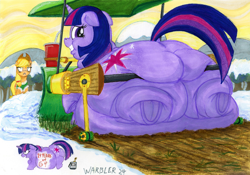 Size: 4000x2808 | Tagged: questionable, artist:white-eyed vireo, derpibooru import, applejack, twilight sparkle, earth pony, pony, unicorn, g4, season 1, winter wrap up, belly, big belly, bingo wings, butt, chubby cheeks, double chin, drawing, fat, fat fetish, fetish, flabby chest, horn, huge belly, huge butt, image, immobile, impossibly large belly, impossibly obese, jpeg, large butt, morbidly obese, multichin, neck roll, obese, rolls of fat, snow plow, squishy butt, traditional art