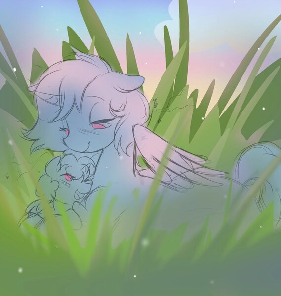 Size: 1604x1691 | Tagged: safe, artist:sparjechkaa, derpibooru import, alicorn, g4, commission, duo, evening, family, female, grass, happy, image, jpeg, looking at each other, looking at someone, mother and child, mother and daughter, open mouth, redraw, singing, sketch, sleepy, soft color, tall grass, ych sketch, your character here