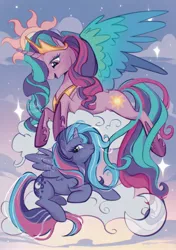 Size: 1748x2480 | Tagged: safe, artist:peachmichea, derpibooru import, princess celestia, princess luna, alicorn, pony, g4, blue wings, cloud, colored wings, cutie mark, duo, female, image, jewelry, jpeg, let's fly to the castle, mare, on a cloud, pinklestia, regalia, royal sisters, siblings, sisters, sitting, sitting on cloud, sparkles, sparkly wings, stars, toy, toy interpretation, wings