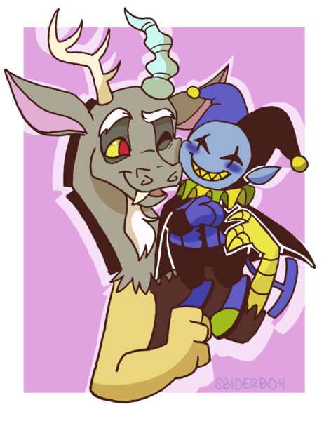 Size: 462x600 | Tagged: safe, artist:sbiderboy, derpibooru import, discord, draconequus, g4, blushing, crossover, crossover shipping, cute, darkner, deltarune, gay, image, jester, jevil, jpeg, male, shipping, this will end in chaos