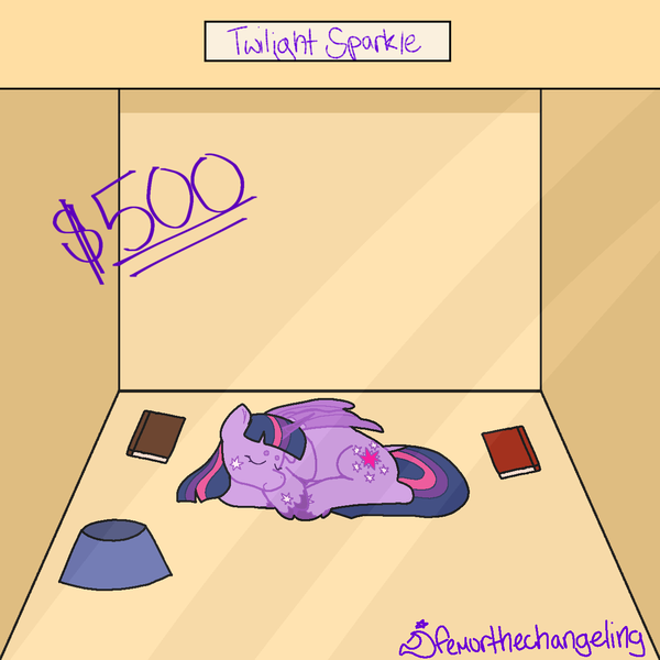 Size: 1280x1280 | Tagged: safe, artist:femurthechangeling, derpibooru import, twilight sparkle, twilight sparkle (alicorn), alicorn, pony, series:mini ponies, book, bowl, box, image, lying down, pet bowl, png, ponies for sale, pony pet, price, sleeping, solo, tiny, tiny ponies